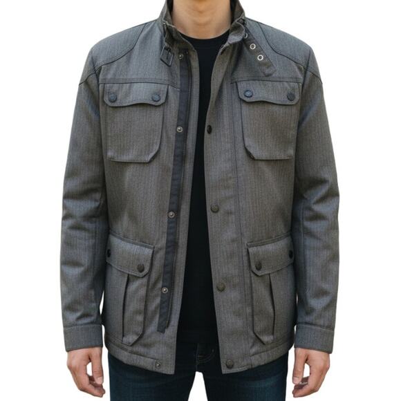 Guess Gunner Jacket Military Style Pea Coat Quilted Lined Gray Herringbone Men L - Picture 1 of 13